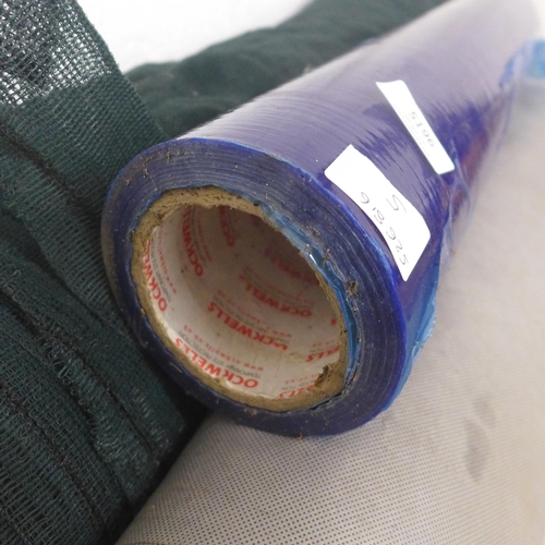 5196 - A large roll of green net, roll of blue wrap and roll of grey weed membrane