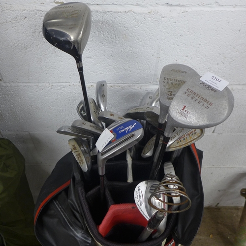 5207 - A Titleist golf bag, a quantity of assorted clubs including Fazer, Top-Flite, Adams, etc., and a bag... 