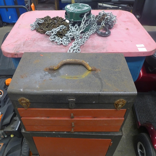 5216 - 2 metal tool chests, a Draper parts washer and a Parkside chain hoist