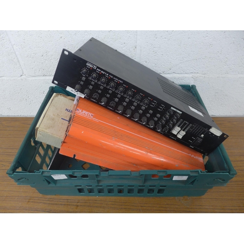 5233 - A box of miscellaneous items including an Inter-M PP9214 pre amplifier, a Duritic power inverter, a ... 
