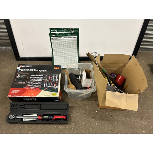 5234 - 2 boxes of tools including axes, saw, large socket in a case, bolts and a Parkside organiser and sto... 