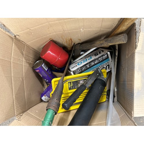 5234 - 2 boxes of tools including axes, saw, large socket in a case, bolts and a Parkside organiser and sto... 