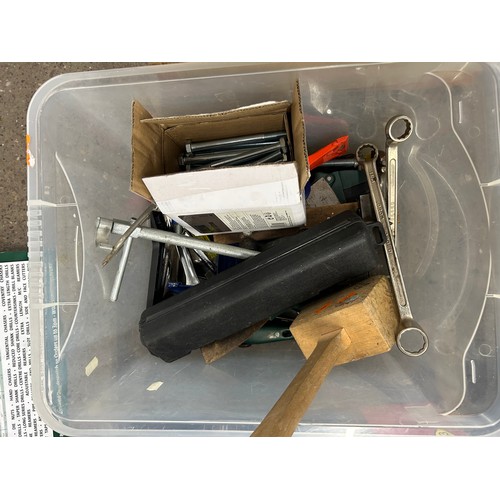 5234 - 2 boxes of tools including axes, saw, large socket in a case, bolts and a Parkside organiser and sto... 