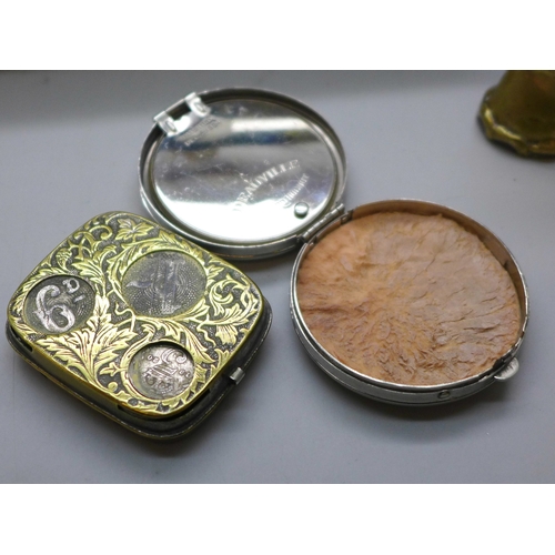 2072 - A tin of assorted items, including sovereign holder, trench art, pen holder, etc.