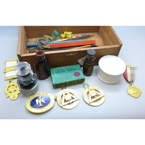 2074 - A cigar box, containing various Masonic medals, legal seals, etc.