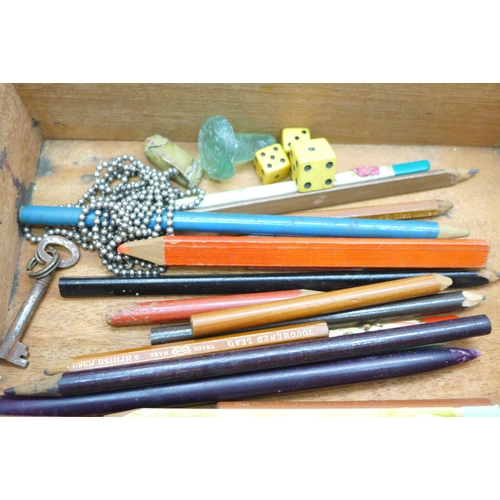 2074 - A cigar box, containing various Masonic medals, legal seals, etc.