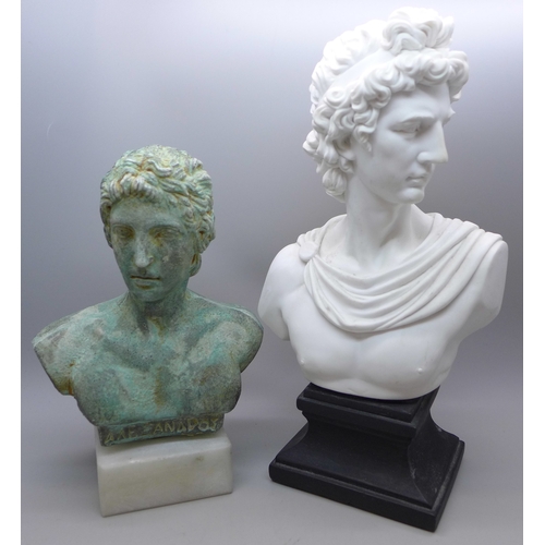 2079 - A Greek style bronze effect bust, 18cms h and a Roman style bust