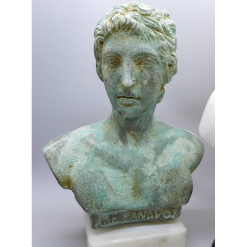 2079 - A Greek style bronze effect bust, 18cms h and a Roman style bust