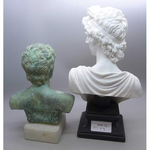 2079 - A Greek style bronze effect bust, 18cms h and a Roman style bust