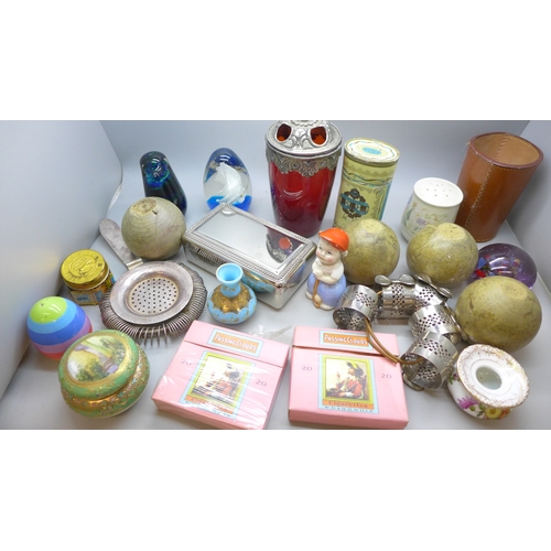 2095 - Assorted items, including a Wedgwood glass bird (beak a/f), paperweights, vintage cigarettes and mat... 