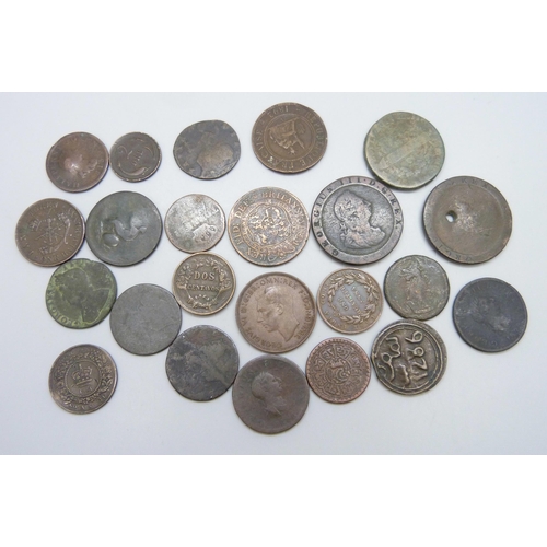 7124 - A collection of copper bronze coins including a Canadian half penny token