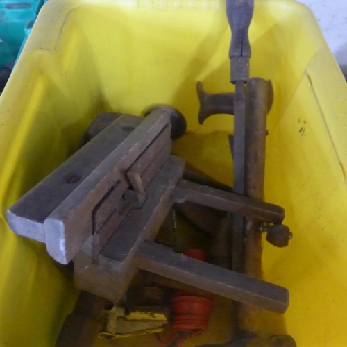 5059 - Two boxes of assorted hand tools including wood planes, manual drill, clamp, saw, adjustable wrench,... 