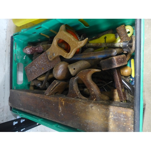 5059 - Two boxes of assorted hand tools including wood planes, manual drill, clamp, saw, adjustable wrench,... 