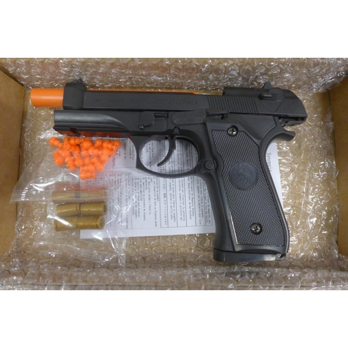 5078 - A toy spring loaded Berretta M92 toy gun and a box of various household items including stuffed elep... 