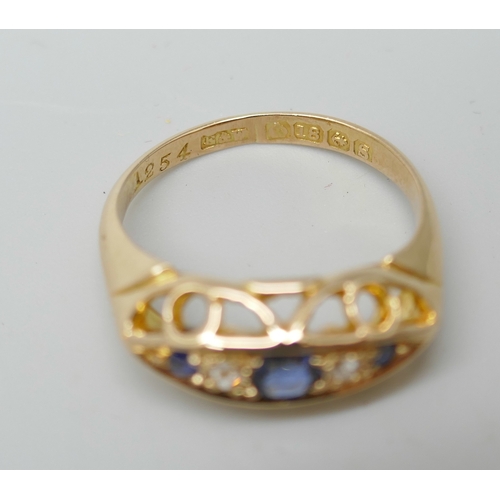7192 - A Victorian 18ct gold, diamond and sapphire ring, 3g, L
