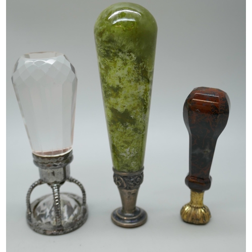 2109 - Three wax seals including a faceted glass example and hardstone example with silver hallmark (marks ... 