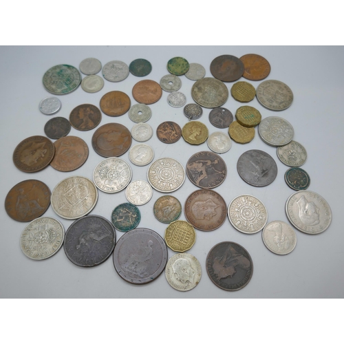 2126 - Collection of coins to include silver and two cartwheel penny farthings, etc.