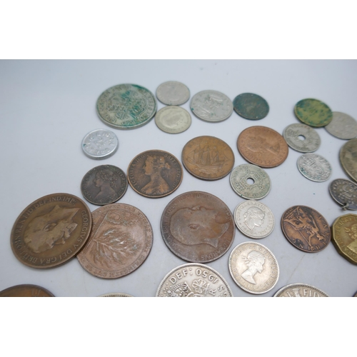 2126 - Collection of coins to include silver and two cartwheel penny farthings, etc.
