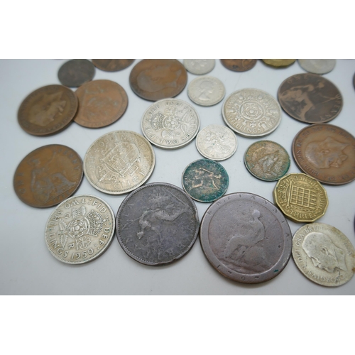 2126 - Collection of coins to include silver and two cartwheel penny farthings, etc.