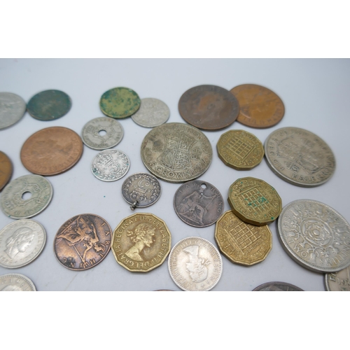 2126 - Collection of coins to include silver and two cartwheel penny farthings, etc.