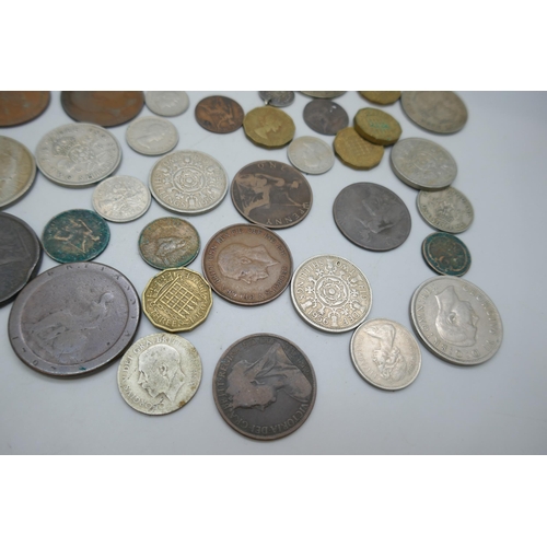 2126 - Collection of coins to include silver and two cartwheel penny farthings, etc.