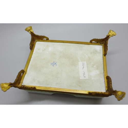 2034M - An 18th Century French Sevres porcelain and ormolu mounted pen stand, circa 1768, 4.5cms h x 13cms w
