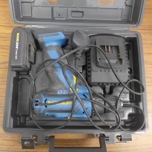 5012 - A Workzone 16V cordless drill, a Halfords rapid digital tyre inflator and a quantity of light fittin... 