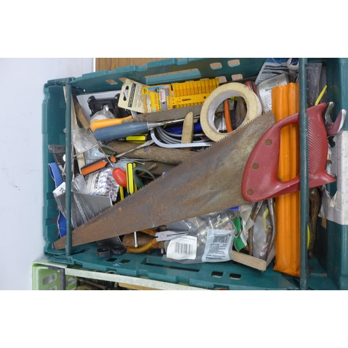 5017 - Two trays of assorted tools and other items including bolt croppers, saws, screwdrivers, wall plugs,... 