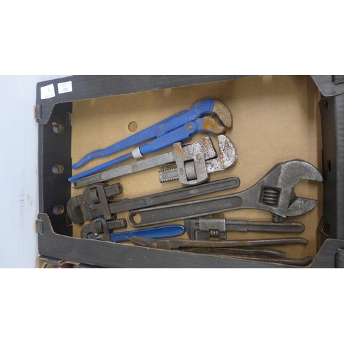 5022 - 2 boxes of tools containing large wrenches, hand drills and drill bits etc.