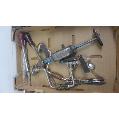 5022 - 2 boxes of tools containing large wrenches, hand drills and drill bits etc.