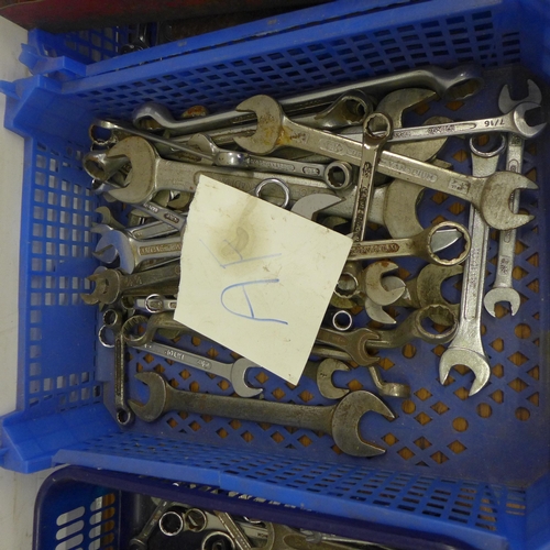 5023 - 4 trays of assorted tools including spanners and sockets/ratchets