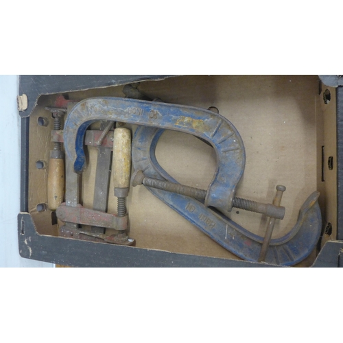 5024 - Two boxes of tools containing two 10 inch G-clamps, tap and die sets, etc.