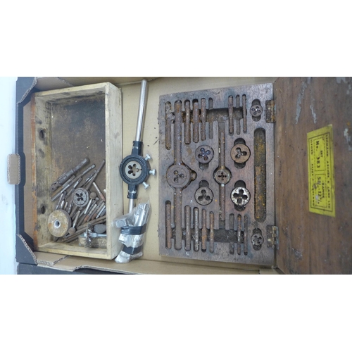 5024 - Two boxes of tools containing two 10 inch G-clamps, tap and die sets, etc.