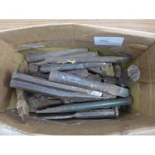 5025 - A toolbox of various sized spanners and pliers and box of various sized bolster chisels