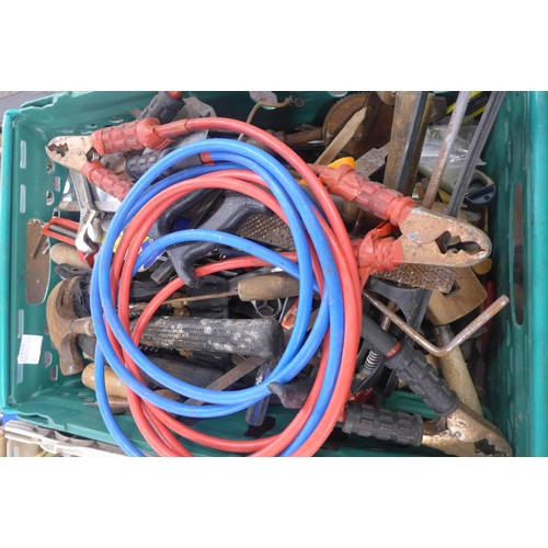 5026 - Two trays of assorted tools and other items including jump cables, saws, hand drills, hammers, files... 