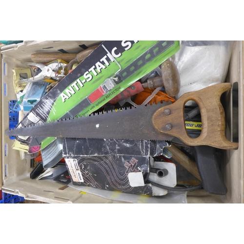 5026 - Two trays of assorted tools and other items including jump cables, saws, hand drills, hammers, files... 