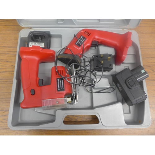 5044 - A 12V cordless jigsaw and a 12V cordless detail sander with battery and charger and a Black and Deck... 