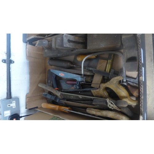 5052 - 2 boxes of assorted tools including vintage saws and planes