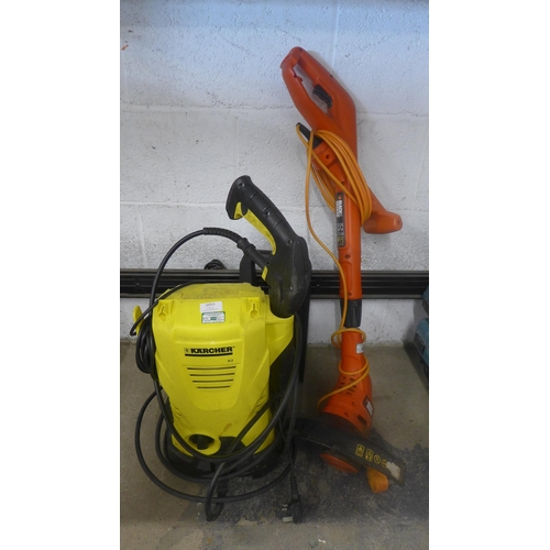 5053 - A Karcher K2 pressure washer, a Black and Decker, 240V strimmer and a Bionaire tower fan