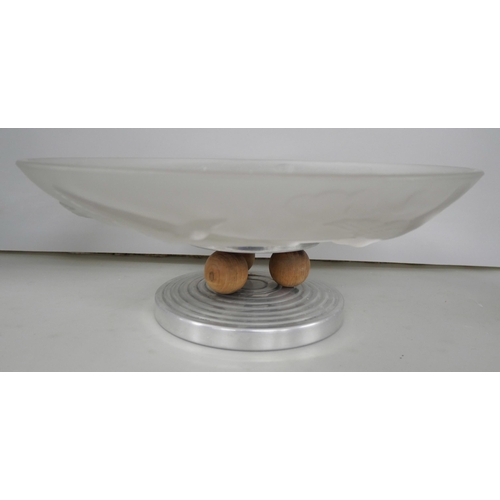 2187 - A French 1930s Art Deco opalescent glass centrepiece with bird design, raised on chrome and wooden b... 