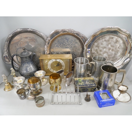 2188 - A collection of metal ware including silver plate, brass and pewter. Comprising of trays, tankards, ... 