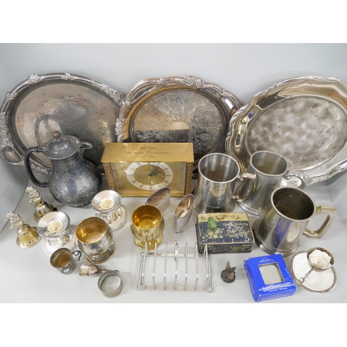 2188 - A collection of metal ware including silver plate, brass and pewter. Comprising of trays, tankards, ... 