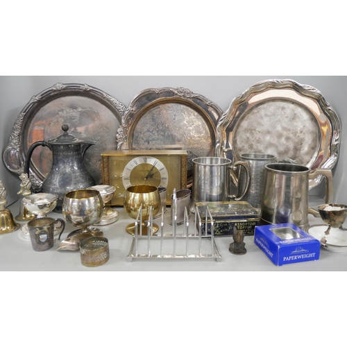 2188 - A collection of metal ware including silver plate, brass and pewter. Comprising of trays, tankards, ... 