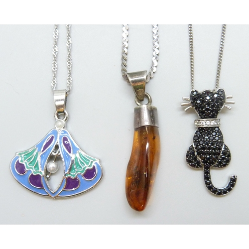 7037 - Two silver cat pendants and chains, a silver and amber pendant and an enamel Art Nouveau style penda... 