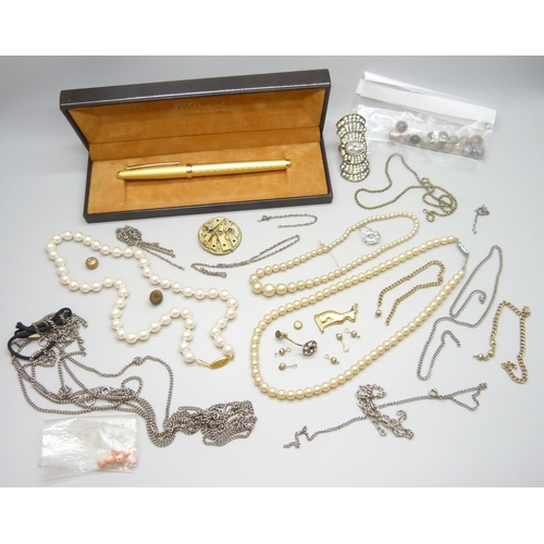 7085 - A collection of costume jewellery, a Dupont pen case and assorted loose gemstones including ruby etc... 