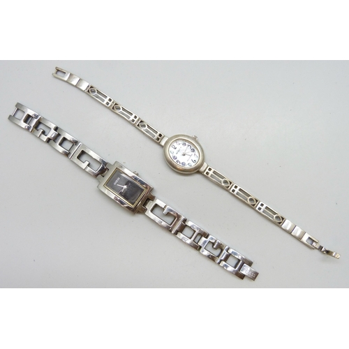 7109 - Three silver bangles, a silver McIntosh wristwatch and other Guess watch