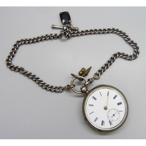 7115 - A silver open face pocket watch on a silver plated Albert chain