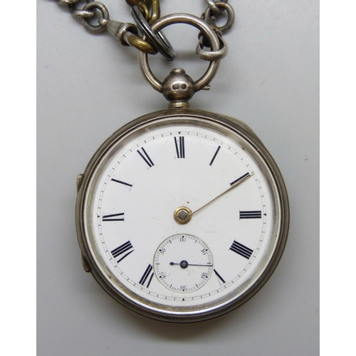 7115 - A silver open face pocket watch on a silver plated Albert chain