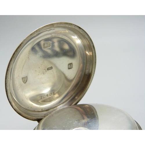 7115 - A silver open face pocket watch on a silver plated Albert chain
