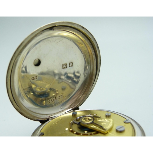 7115 - A silver open face pocket watch on a silver plated Albert chain